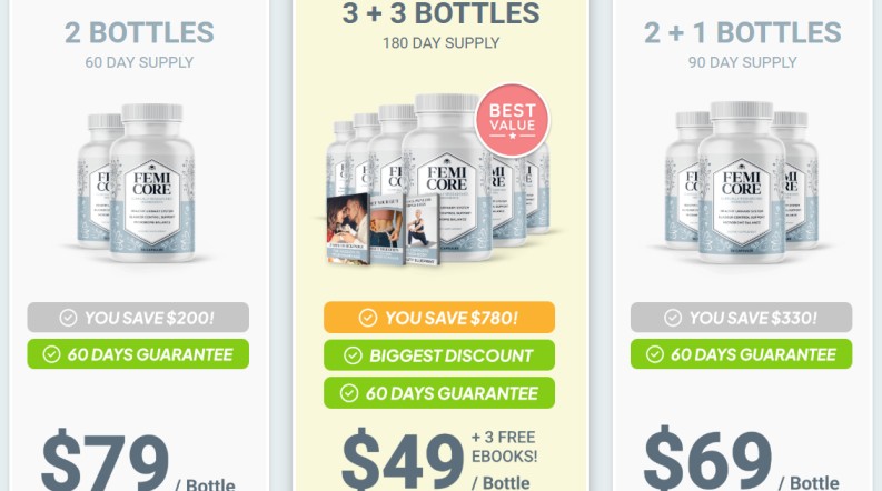 Official pricing options, package discounts, and free digital bonuses for FemiCore Bladder Support online orders, showing 1, 3, and 6 bottle savings.