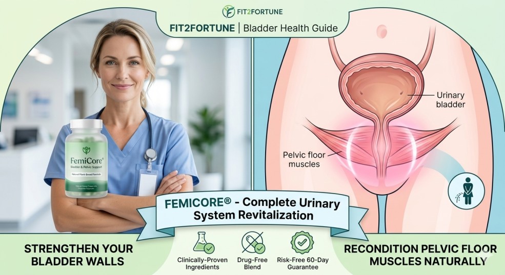 FemiCore Bladder Support formula review for female pelvic floor muscles and urinary health by Fit2Fortune.