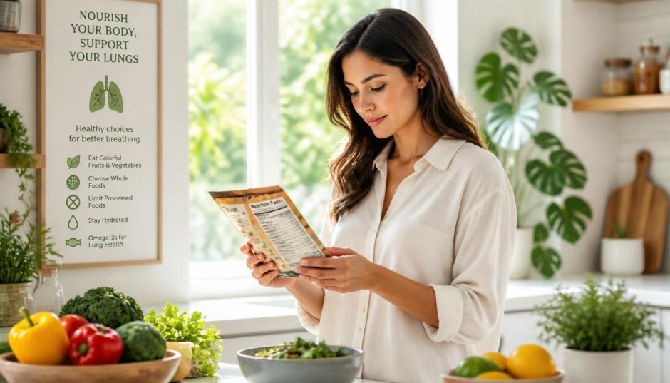 A person making conscious food choices in a bright, sunlit kitchen to support respiratory wellness and learn which foods for healthy lungs to prioritize while limiting processed options for better overall health.