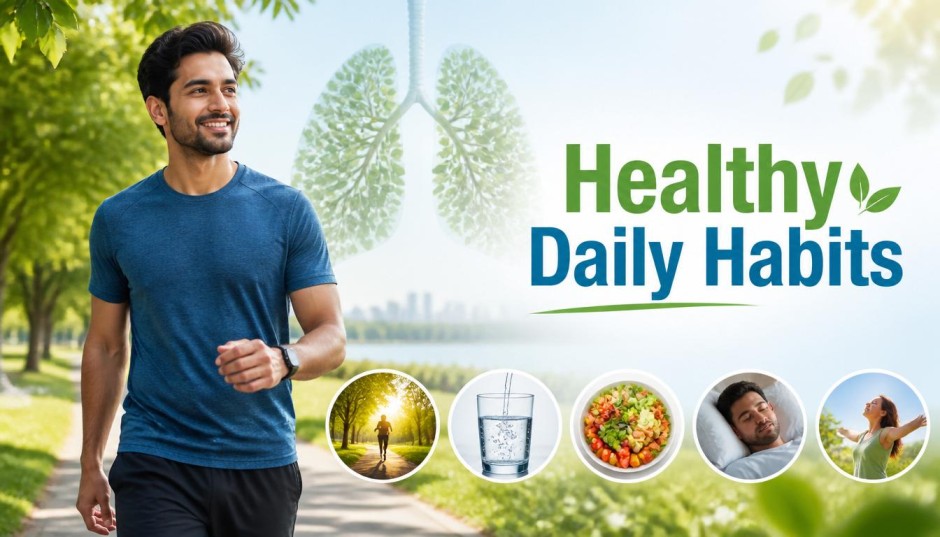 Healthy young man walking outdoors in a park with wellness icons, representing Lung Recovery After Quitting Smoking through daily healthy habits, physical activity, hydration, balanced nutrition, and a smoke-free lifestyle.