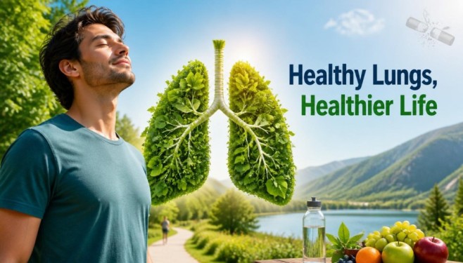 Healthy young man breathing fresh air outdoors with green leaf-shaped lungs and wellness elements, representing Lung Recovery After Quitting Smoking, healthy lifestyle habits, and long-term lung wellness.