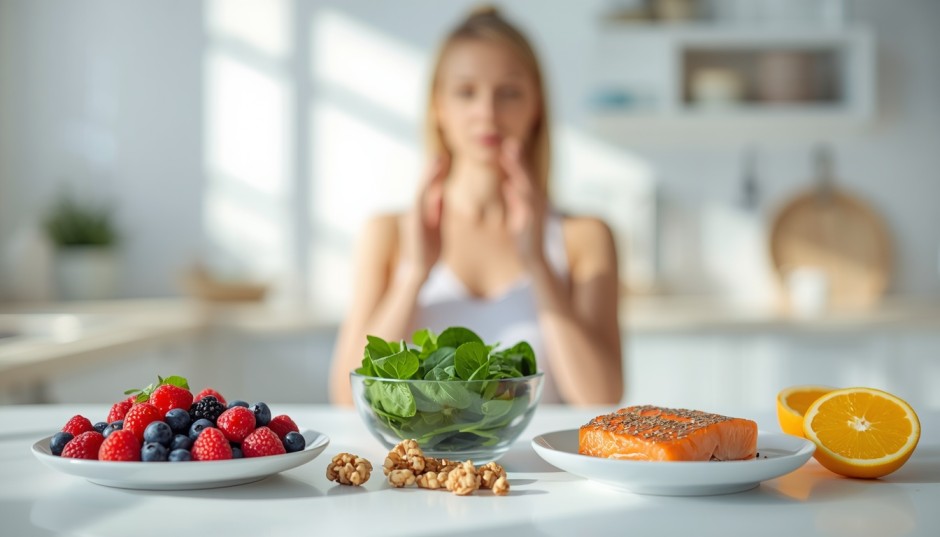 A colorful arrangement of nutrient-rich foods, including leafy greens, berries, nuts, and salmon, which are considered the best foods for healthy lungs to support natural respiratory wellness and a balanced diet.