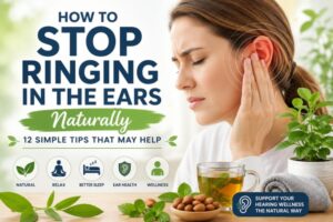 How to stop ringing in the ears naturally featured image showing a person holding their ear with healthy lifestyle icons and hearing wellness illustrations