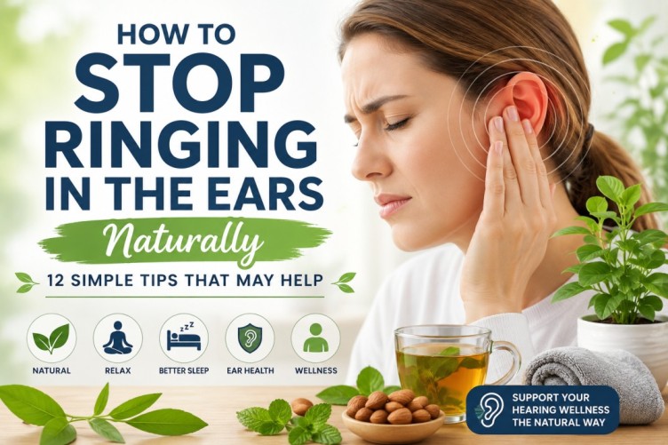 How to stop ringing in the ears naturally featured image showing a person holding their ear with healthy lifestyle icons and hearing wellness illustrations