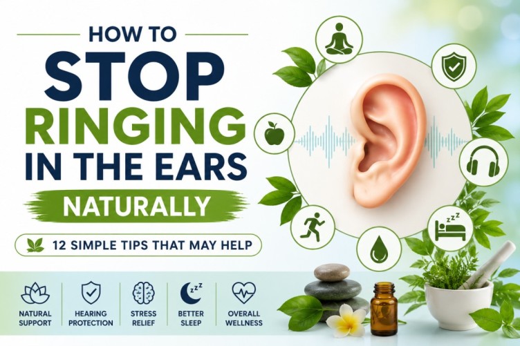 How to stop ringing in the ears naturally infographic showing an ear illustration with healthy lifestyle icons for sleep, stress relief, hydration, exercise, and hearing protection