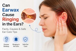 Can Earwax Cause Ringing in the Ears featured image showing earwax buildup, ringing in the ears, and safe ear care with a person holding their ear