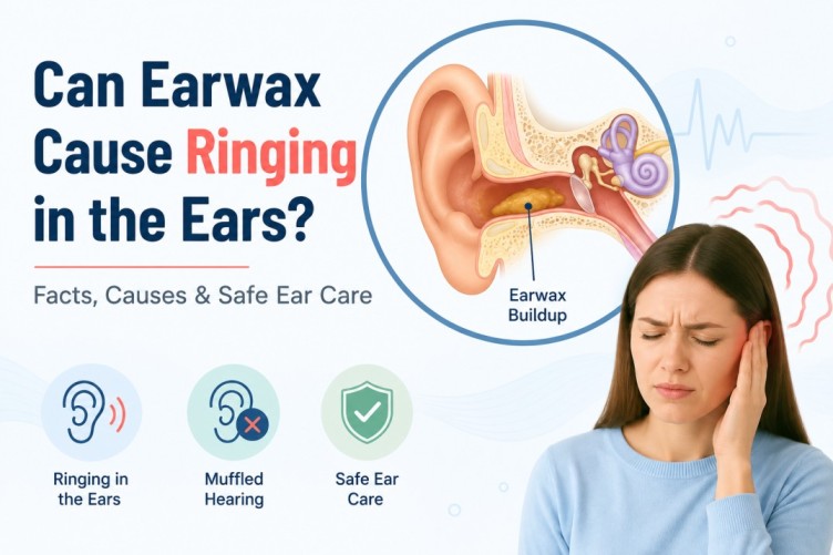 Can Earwax Cause Ringing in the Ears infographic showing earwax buildup inside the ear canal, ringing symptoms, muffled hearing, and safe ear care practices