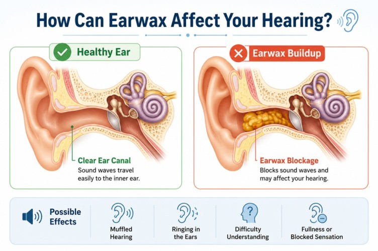 Can Earwax Cause Ringing in the Ears infographic comparing a healthy ear and earwax buildup, showing how a blocked ear canal may affect hearing and cause ringing symptoms