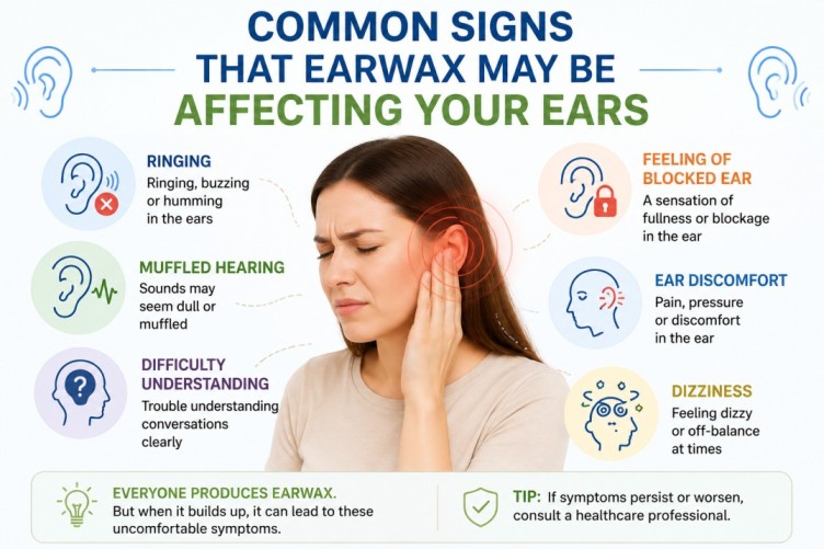 Can Earwax Cause Ringing in the Ears infographic showing common signs of earwax buildup, including ringing in the ears, muffled hearing, blocked ear sensation, ear discomfort, and dizziness