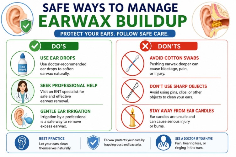 Can Earwax Cause Ringing in the Ears infographic showing safe ways to manage earwax buildup, including proper ear care, ear drops, professional ear cleaning, and ear cleaning methods to avoid