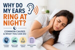 Why Do My Ears Ring at Night featured image showing a person experiencing ear ringing while lying in bed, with icons representing nighttime triggers, healthy sleep habits, possible causes, and when to seek medical advice.