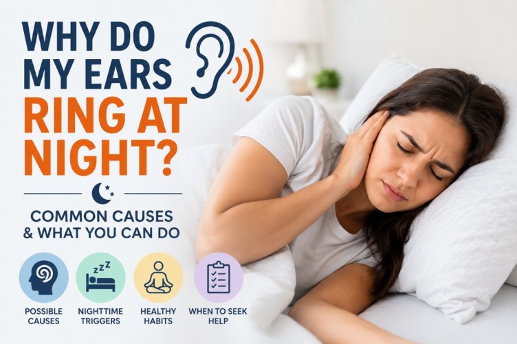 Why Do My Ears Ring at Night featured image showing a person experiencing ear ringing while lying in bed, with icons representing nighttime triggers, healthy sleep habits, possible causes, and when to seek medical advice.