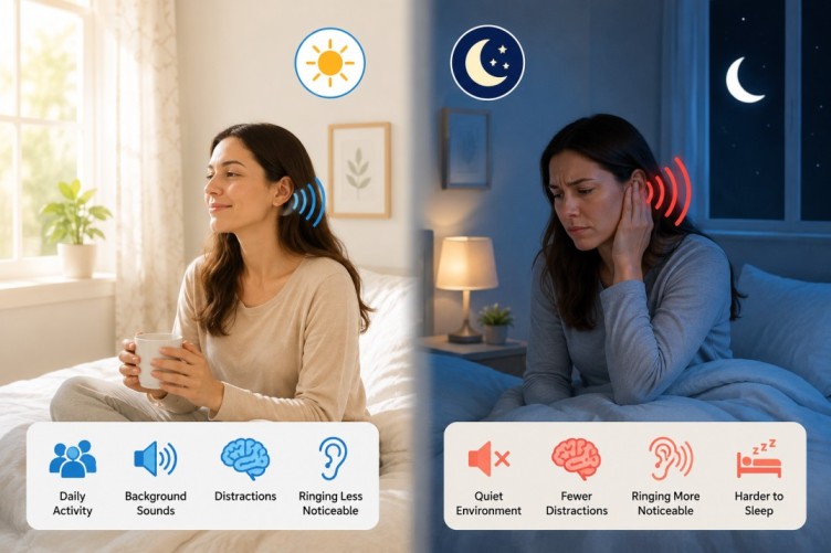 Why Do My Ears Ring at Night comparison image showing daytime background sounds versus a quiet nighttime bedroom, explaining why ear ringing may feel more noticeable after dark and affect sleep comfort.