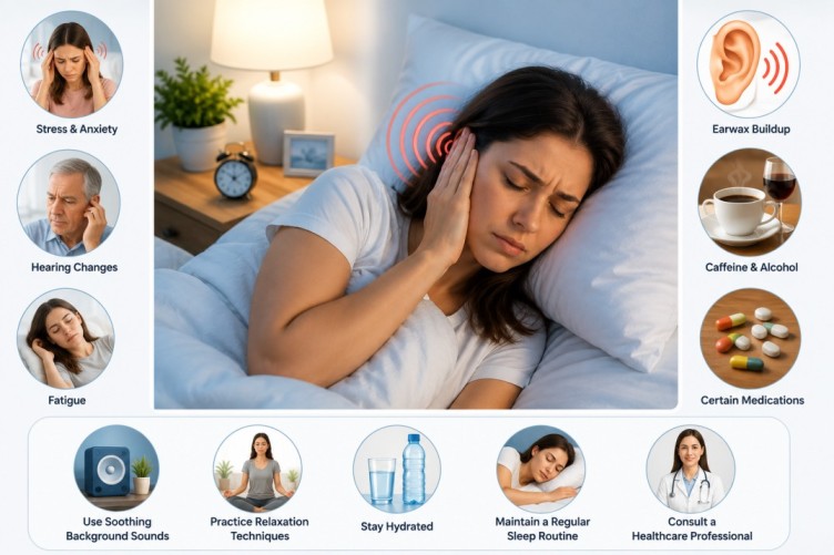 Why Do My Ears Ring at Night infographic showing a person experiencing ear ringing in bed, with visual icons illustrating common causes such as stress, hearing changes, earwax buildup, caffeine, fatigue, medications, and healthy habits that may support better sleep and ear health.