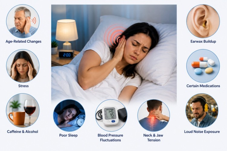 Why Do My Ears Ring at Night infographic showing a person experiencing ear ringing in bed, with visual icons highlighting common nighttime factors including stress, poor sleep, loud noise exposure, earwax buildup, caffeine, alcohol, medications, neck tension, and hearing changes.