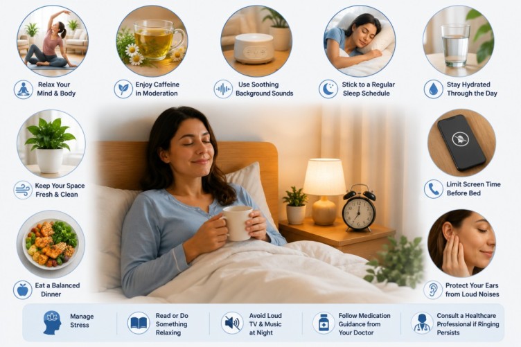 Why Do My Ears Ring at Night infographic showing healthy evening habits such as relaxation, quality sleep, hydration, limiting screen time, reducing loud noise exposure, balanced nutrition, and stress management to support better hearing comfort and restful sleep.