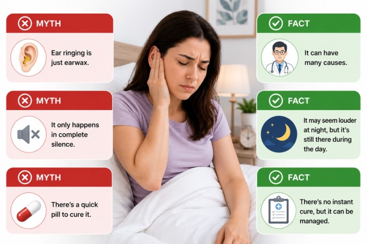 Why Do My Ears Ring at Night infographic showing a person experiencing ear ringing with three easy-to-read Myth vs Fact panels explaining common misconceptions about nighttime ear ringing, possible causes, and realistic expectations.