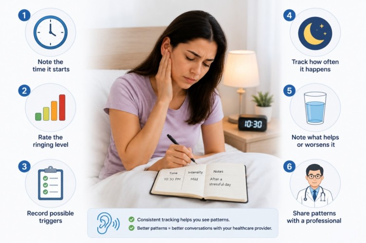 Why Do My Ears Ring at Night infographic showing a person tracking nighttime ear ringing in a symptom journal with simple visual icons for timing, intensity, possible triggers, sleep patterns, hydration, and healthcare consultation to better understand recurring ear ringing.