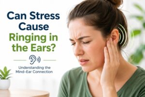 Can stress cause ringing in the ears? Illustration showing a stressed woman experiencing ear ringing, highlighting the possible connection between stress, tinnitus, and hearing wellness.