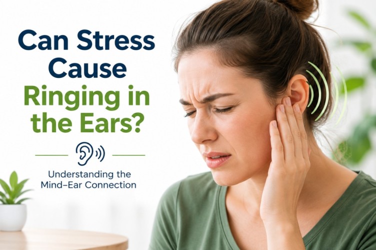 Can stress cause ringing in the ears? Illustration showing a stressed woman experiencing ear ringing, highlighting the possible connection between stress, tinnitus, and hearing wellness.