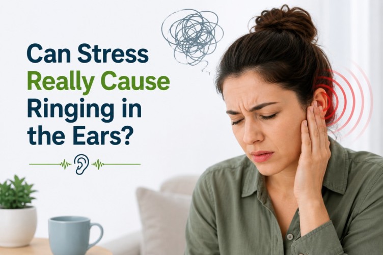 Can stress cause ringing in the ears? Illustration of a stressed woman experiencing ear ringing, showing the possible connection between stress, tinnitus symptoms, and hearing health.
