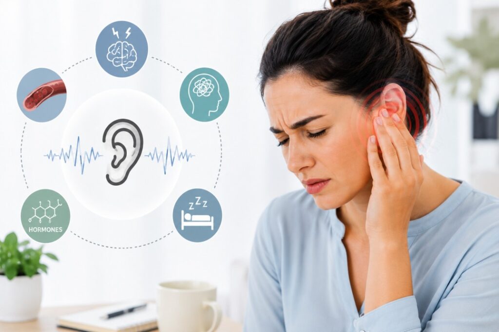 Can stress cause ringing in the ears? Medical illustration showing a stressed woman with ear ringing, highlighting how stress may influence hearing, sleep, and the nervous system.