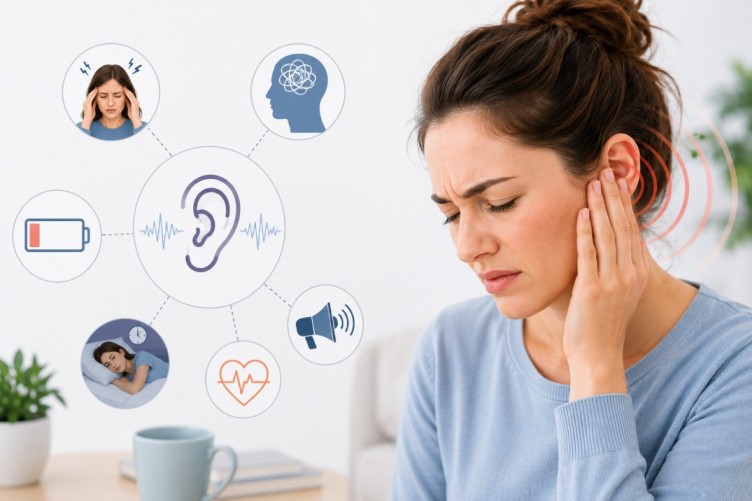 Can stress cause ringing in the ears? Infographic-style illustration showing a person with ear ringing alongside common signs such as stress, poor sleep, fatigue, and emotional tension that may be associated with tinnitus