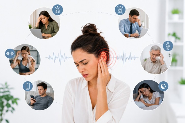 Can stress cause ringing in the ears? Infographic-style illustration showing people under work pressure, poor sleep, emotional stress, and daily lifestyle challenges that may be associated with ear ringing and tinnitus awareness.