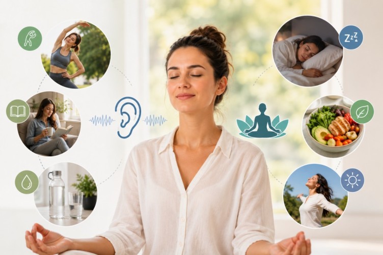 Can stress cause ringing in the ears? Wellness illustration showing healthy habits such as meditation, quality sleep, exercise, hydration, and balanced nutrition that may support stress management and hearing wellness.
