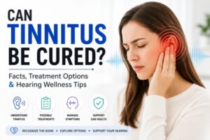 Can tinnitus be cured infographic explaining myths, facts, treatment options, and hearing wellness tips for persistent ringing in the ears