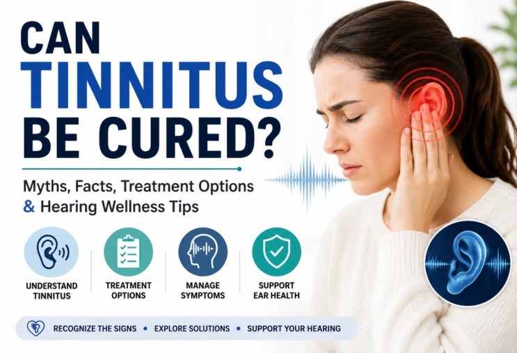 Can tinnitus be cured illustration explaining common myths, facts, treatment options, and hearing wellness for people with persistent ear ringing