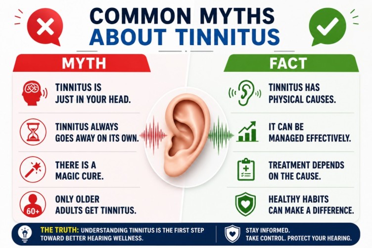 Common myths about tinnitus infographic comparing myths and facts about ringing in the ears with clear ear health illustrations