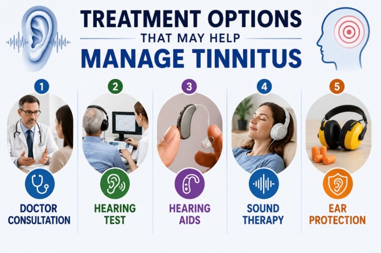 Treatment options that may help manage tinnitus infographic showing doctor consultation, hearing test, hearing aids, sound therapy, and ear protection