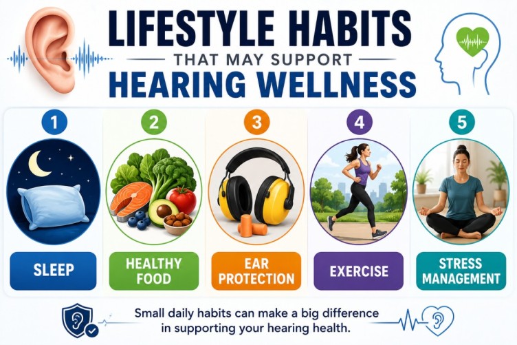 Can tinnitus be cured infographic showing healthy lifestyle habits including sleep, healthy food, ear protection, exercise, and stress management to support hearing wellness