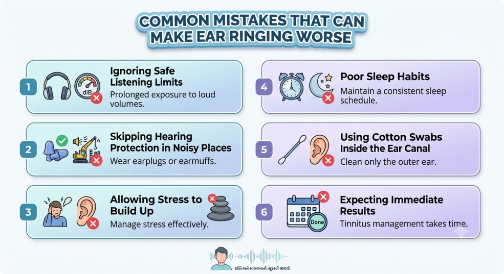 An informative infographic explaining how to stop ringing in the ears naturally, highlighting 6 common mistakes to avoid like using cotton swabs and ignoring safe listening limits.