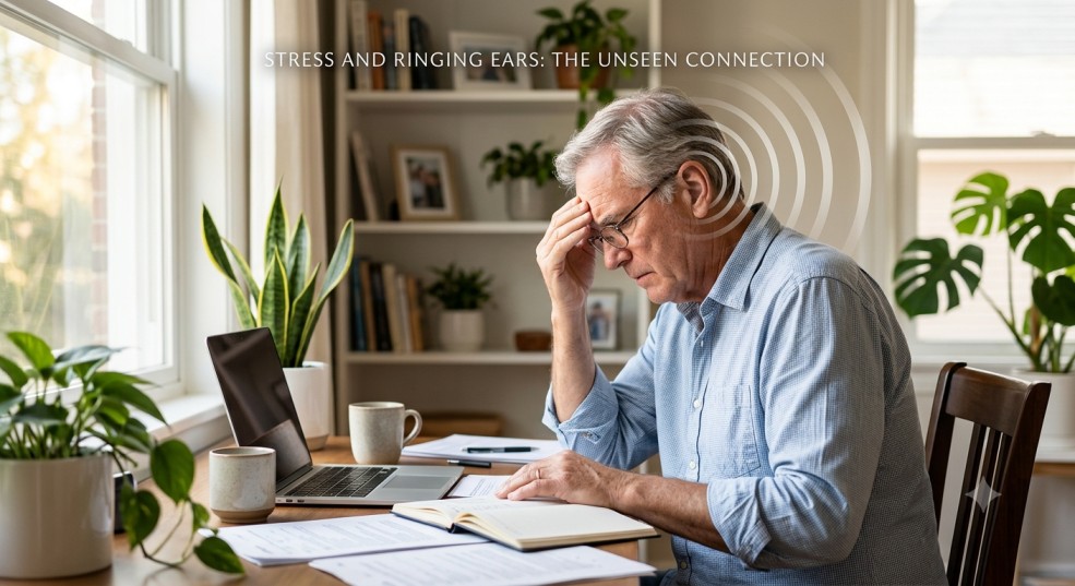 An overworked man experiencing high anxiety and stress with soundwaves near his ear illustrating the question: can stress cause ringing in the ears.