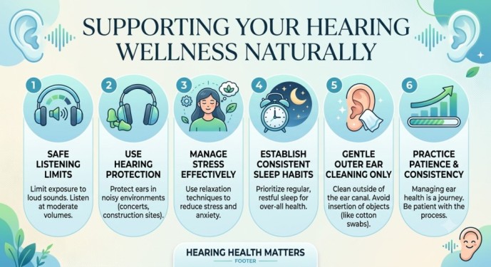 A helpful infographic explaining how to stop ringing in the ears naturally, featuring 6 key tips including safe listening limits, using hearing protection, stress management, consistent sleep habits, gentle ear cleaning, and practicing patience for hearing wellness.