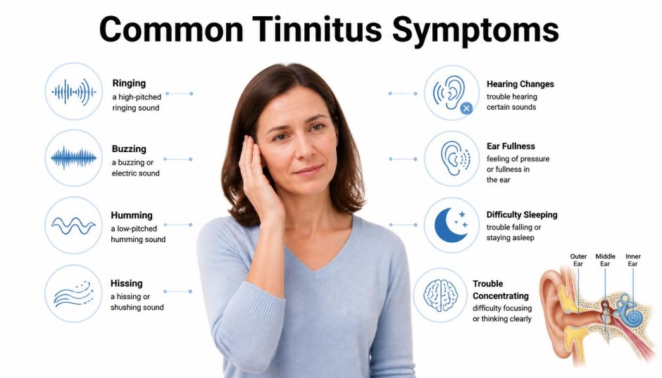 Tinnitus Causes infographic showing common tinnitus symptoms including ringing in the ears, buzzing, hearing changes, ear fullness, and difficulty sleeping