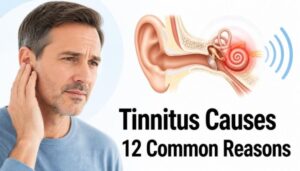 Tinnitus Causes infographic showing common reasons for ringing in the ears and hearing health awareness