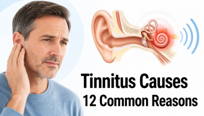 Tinnitus Causes infographic showing common reasons for ringing in the ears and hearing health awareness