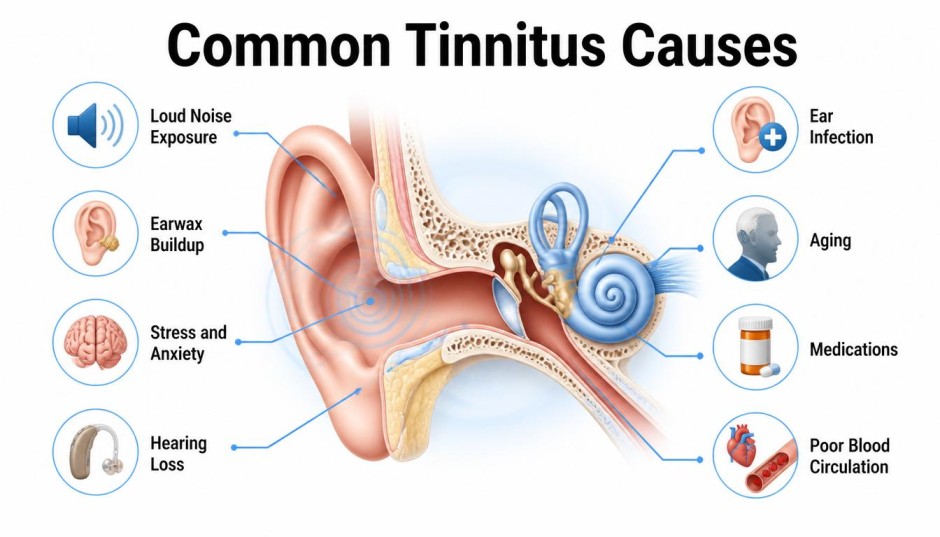 Tinnitus Causes infographic showing loud noise, earwax buildup, stress, hearing loss, and ear infections affecting hearing health