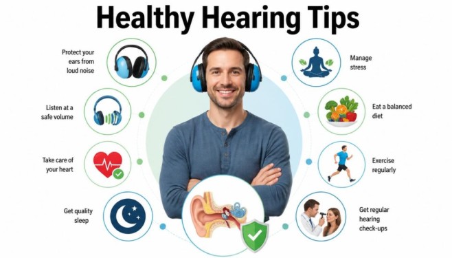 Tinnitus Causes prevention infographic showing healthy hearing habits including hearing protection, safe listening, stress management, and regular ear care