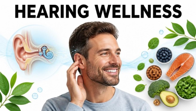 Tinnitus Causes infographic illustrating natural hearing wellness through healthy lifestyle habits and nutritional support