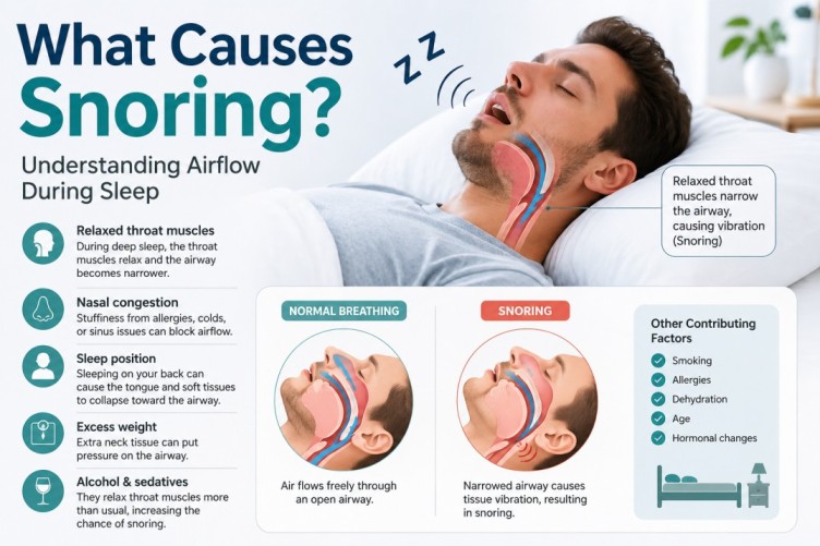 Natural support for snoring showing common causes of snoring and how restricted airflow can contribute to nighttime snoring.