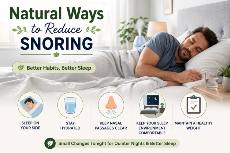 Natural support for snoring featuring practical lifestyle habits such as side sleeping, a healthy sleep routine, and a comfortable sleep environment.