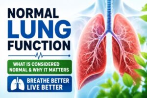 An informative graphic titled Normal Lung Function displaying an anatomical illustration of healthy human lungs, explaining what is considered normal and why it matters for better breathing.