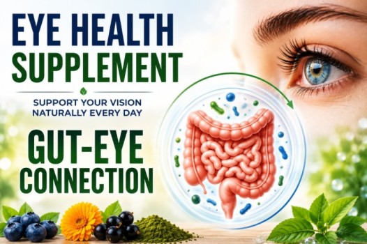 Eye Health Supplement infographic illustrating the gut-eye connection and natural nutritional support for healthy vision, eye wellness, and long-term visual health