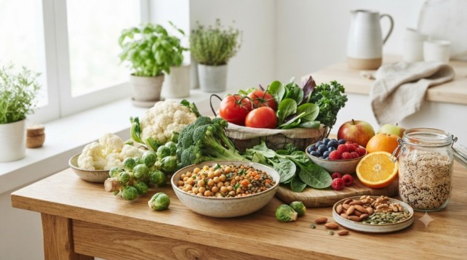Plant-based foods including tomatoes, broccoli, berries, legumes, whole grains, nuts, and seeds as part of a prostate health diet.