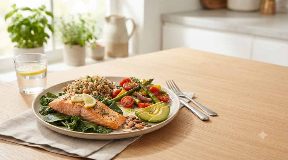 A balanced meal featuring vegetables, tomatoes, grilled salmon, whole grains, legumes, and avocado for a prostate health diet.