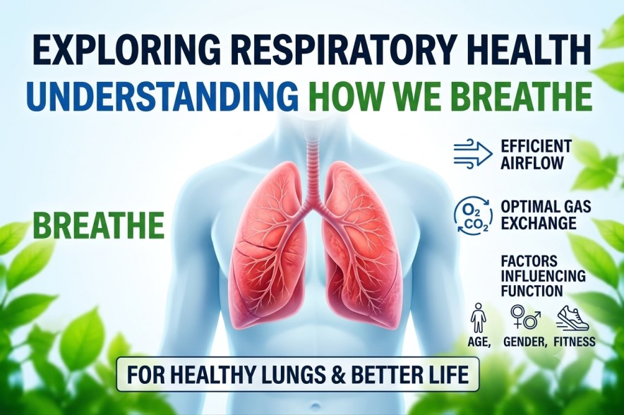 An educational respiratory diagram detailing Normal Lung Function, highlighting airflow mechanics, oxygen and carbon dioxide gas exchange, and factors affecting healthy lungs.